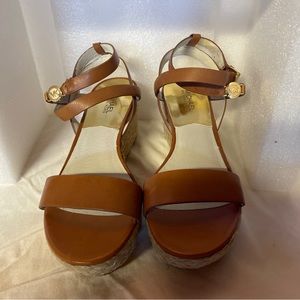 Michael Kors.  Jalita Brown Leather Ankle Strap Charm Sandals Wedge Size 9M
